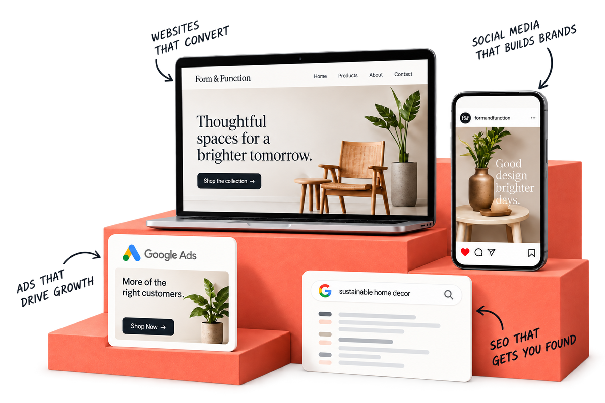 Websites that convert, social media that builds brands, advertising and search optimisation. Furniture website, social post, ad and search result examples.