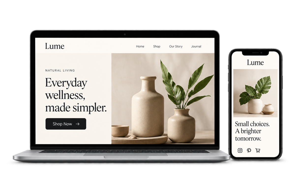 Lume lifestyle website and social media design concept displayed on a laptop and phone.